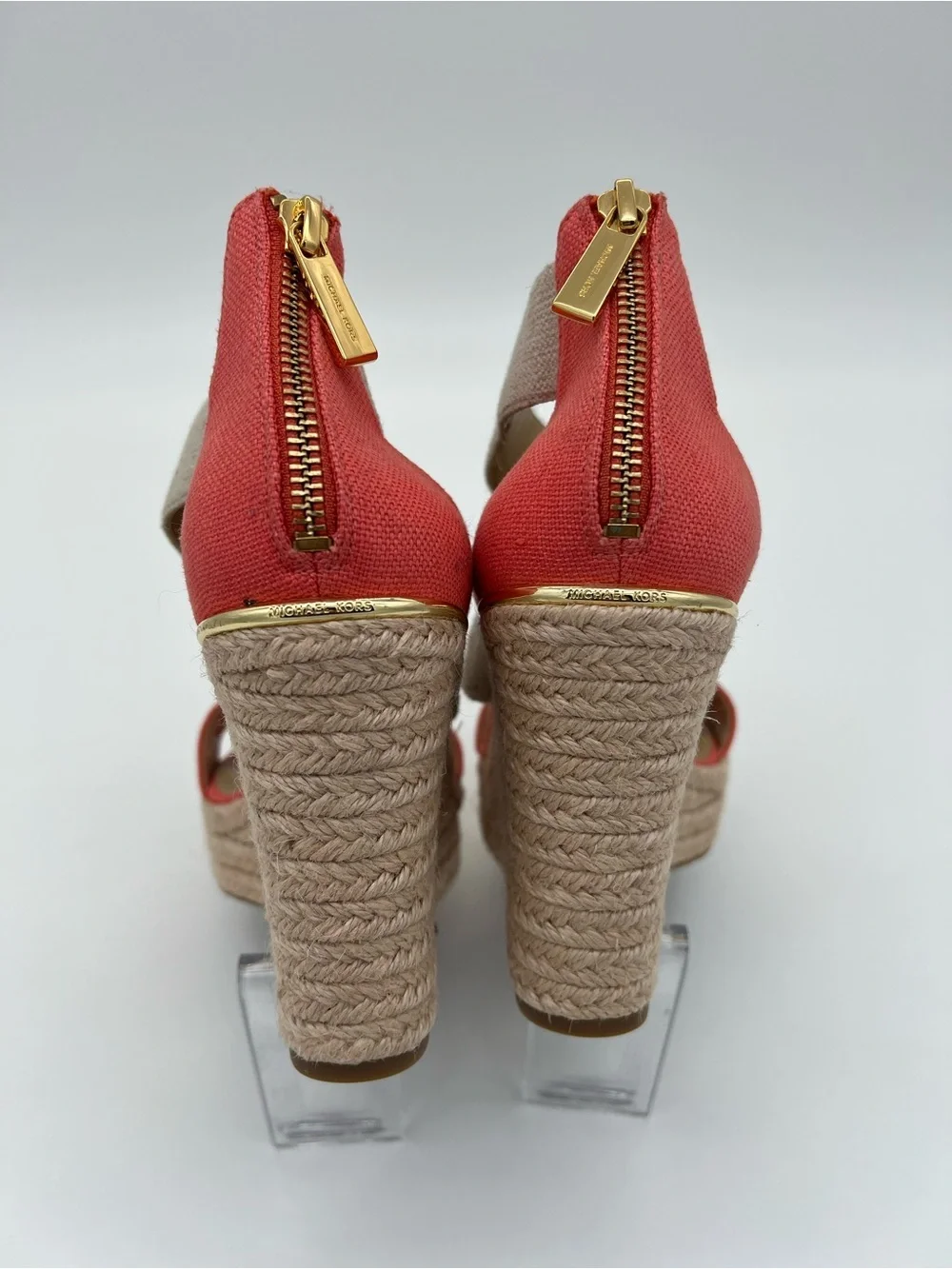 Michael Kors Coral and Natural Canvas Espadrille Wedge Sandals size 7.5